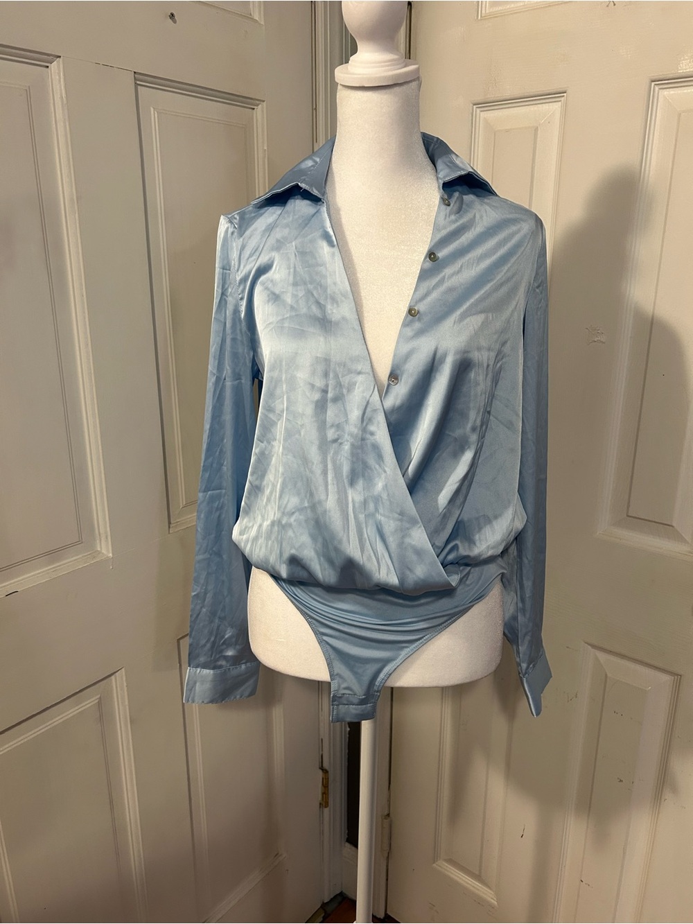 NWT Fashion Nova Satin Wrap-Front Light Blue Bodysuit Top